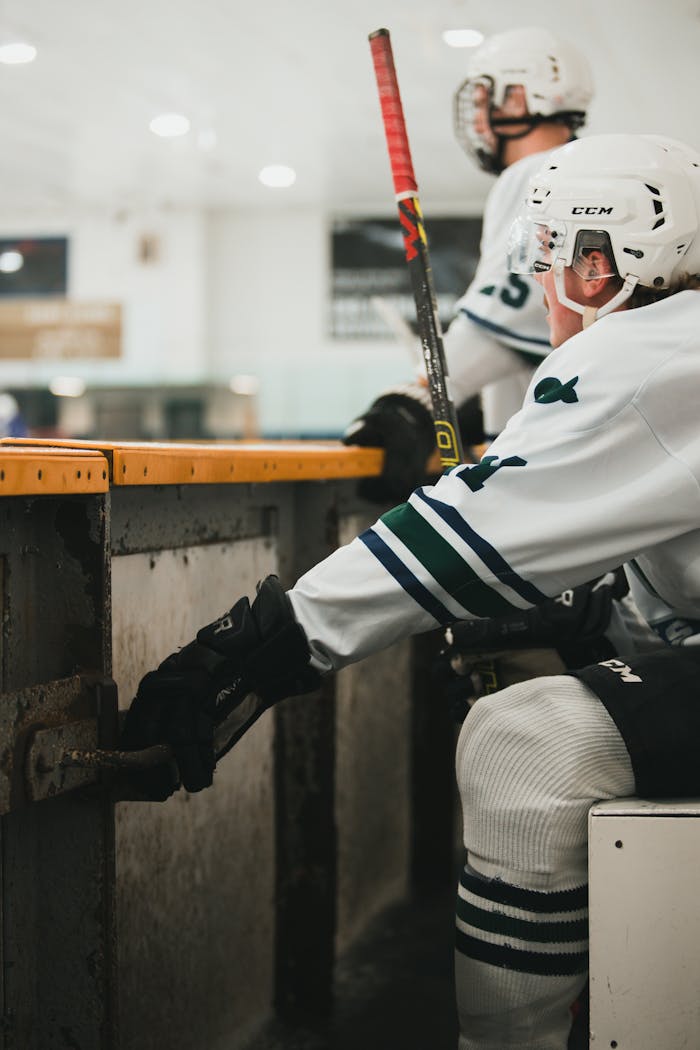 Ice hockey players in gear, sitting on the bench, focused on the ongoing game.